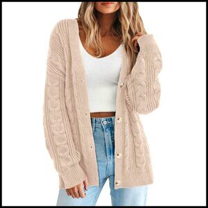 Oversized Cable Knit Cardigan, Chunky Sweater, Open Front, Below Hip Length